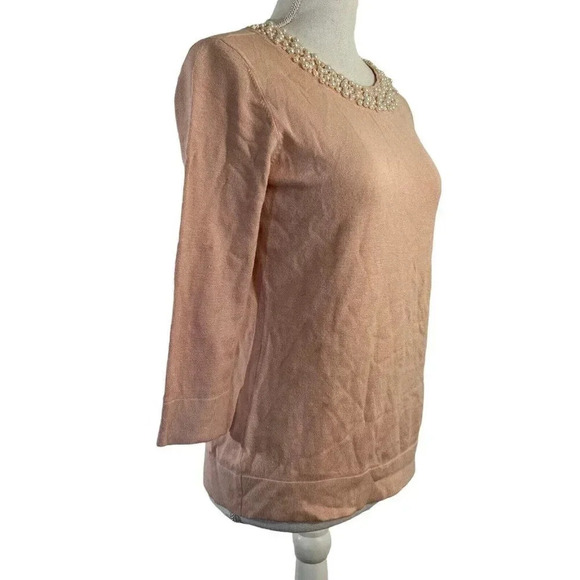 Karl Lagerfeld Paris Baby Pink Sweater Faux Pearl Beaded Embellished Neckline XS - Picture 3 of 8